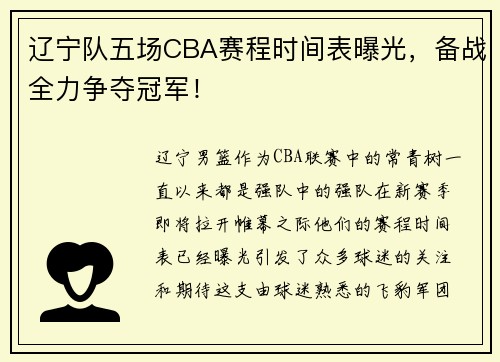 辽宁队五场CBA赛程时间表曝光，备战全力争夺冠军！